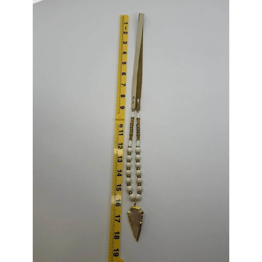 Bo Teak Gold Arrowhead Pendant‎ Leather Beaded Necklace Cream Tan Southwestern